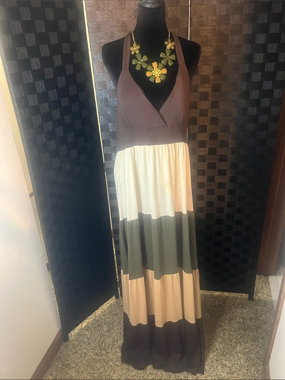 Women’s Colorblock Halter Maxi Dress in Brown, Cream & Olive
